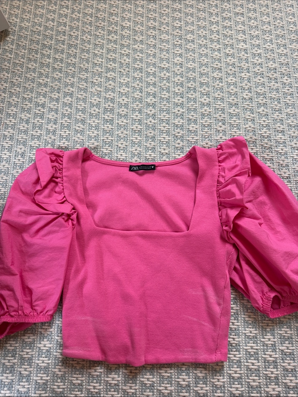 Zara Hot Pink Square-Neck Puff Sleeve Crop Top